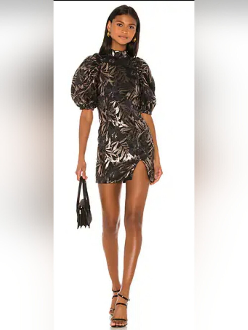 Camila Coelho Alessa Black Metallic Leaf Print Puff Sleeve Dress Size S